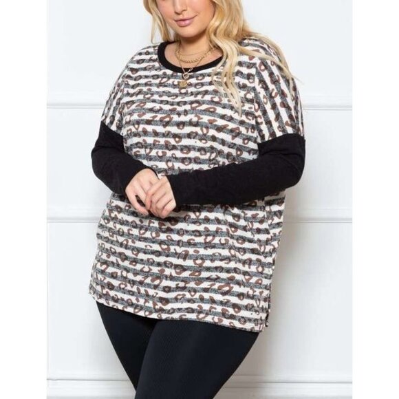 #0751 Jade by Jane NWOT Striped Animal Print Long Sleeve Top Sizes 1X-3X - Picture 1 of 3